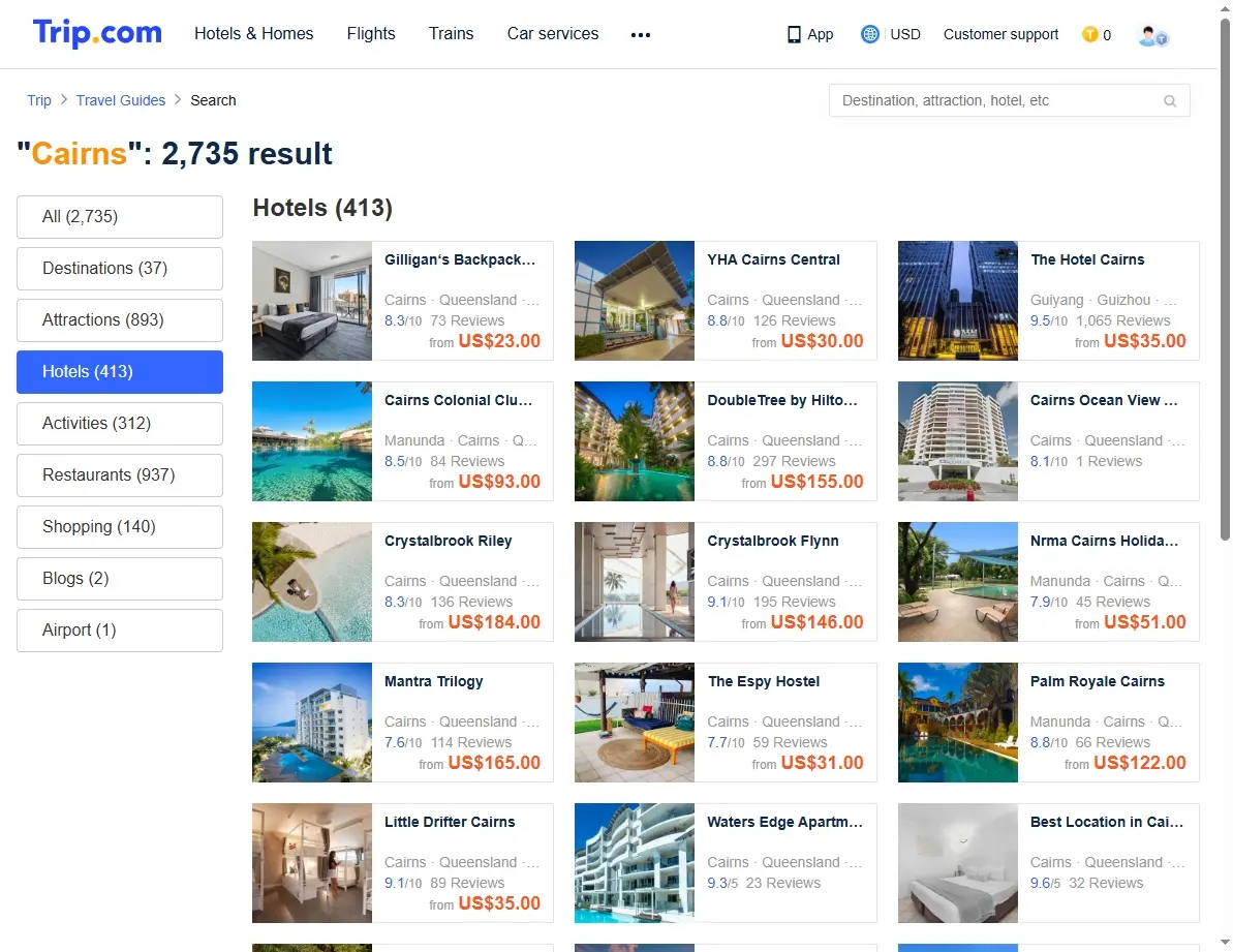 Screenshot showing hotel offers for Cairns.