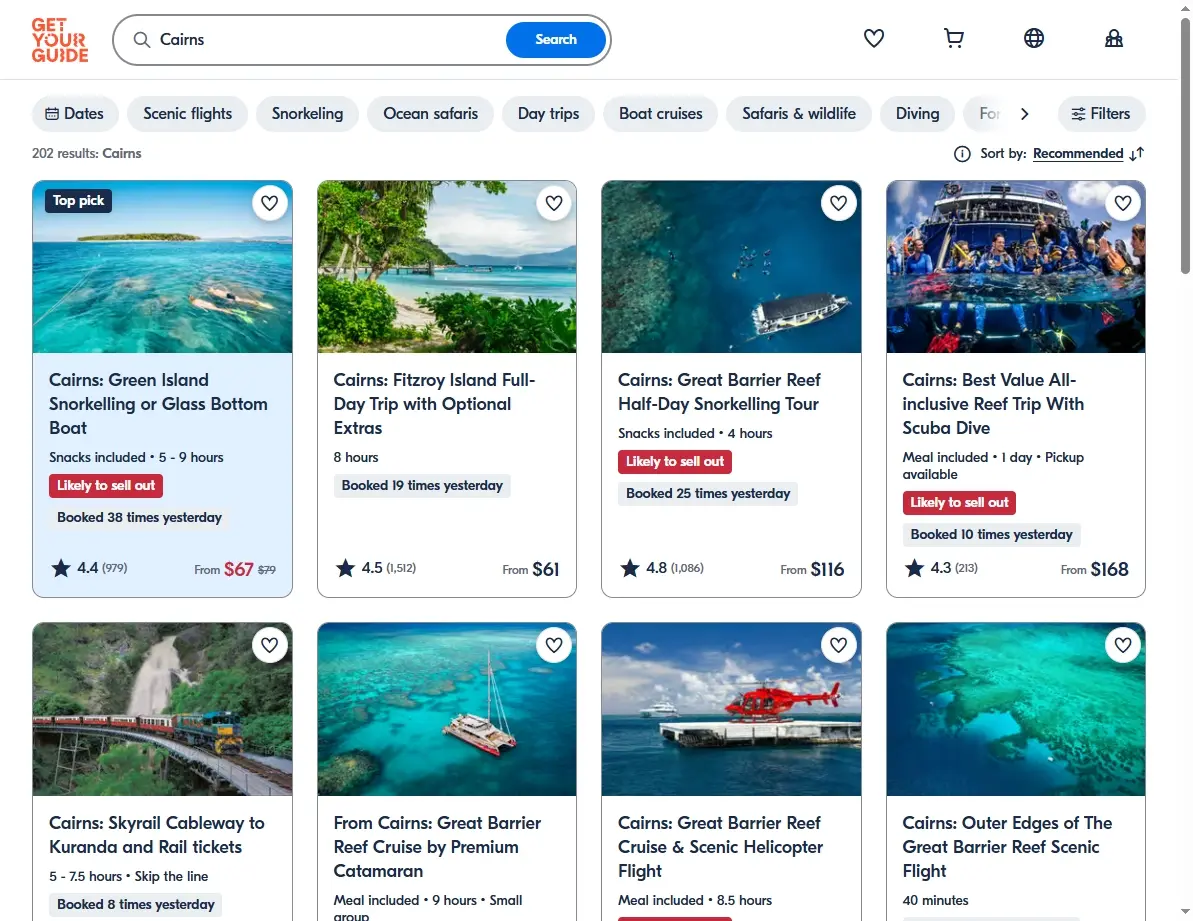 Screenshot showing activity and tour offers for Cairns.