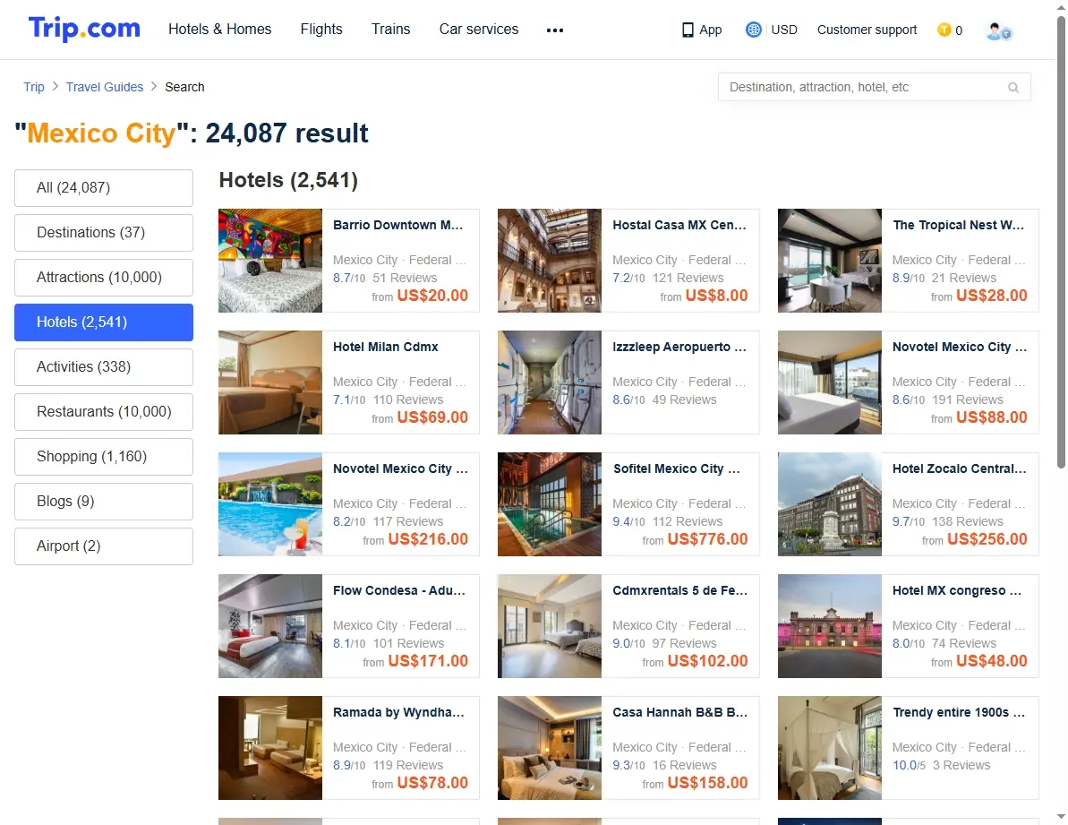 Screenshot of hotel search page for Mexico City offers