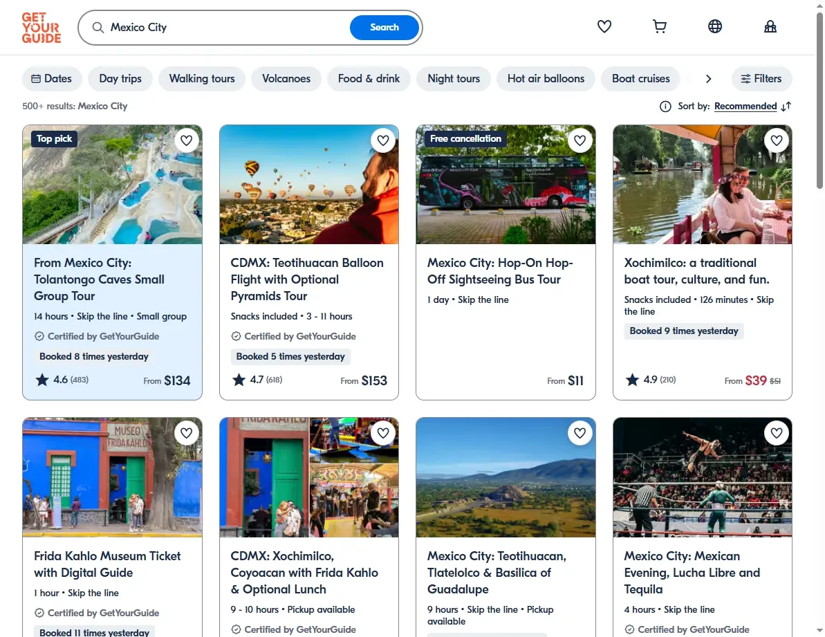 Screenshot of activity search page for Mexico City tours