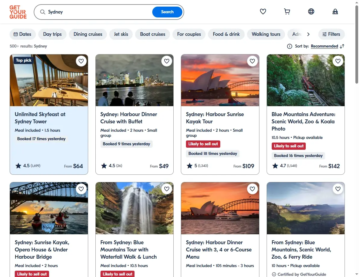 Screenshot of an activities booking website showing various tours and experiences.