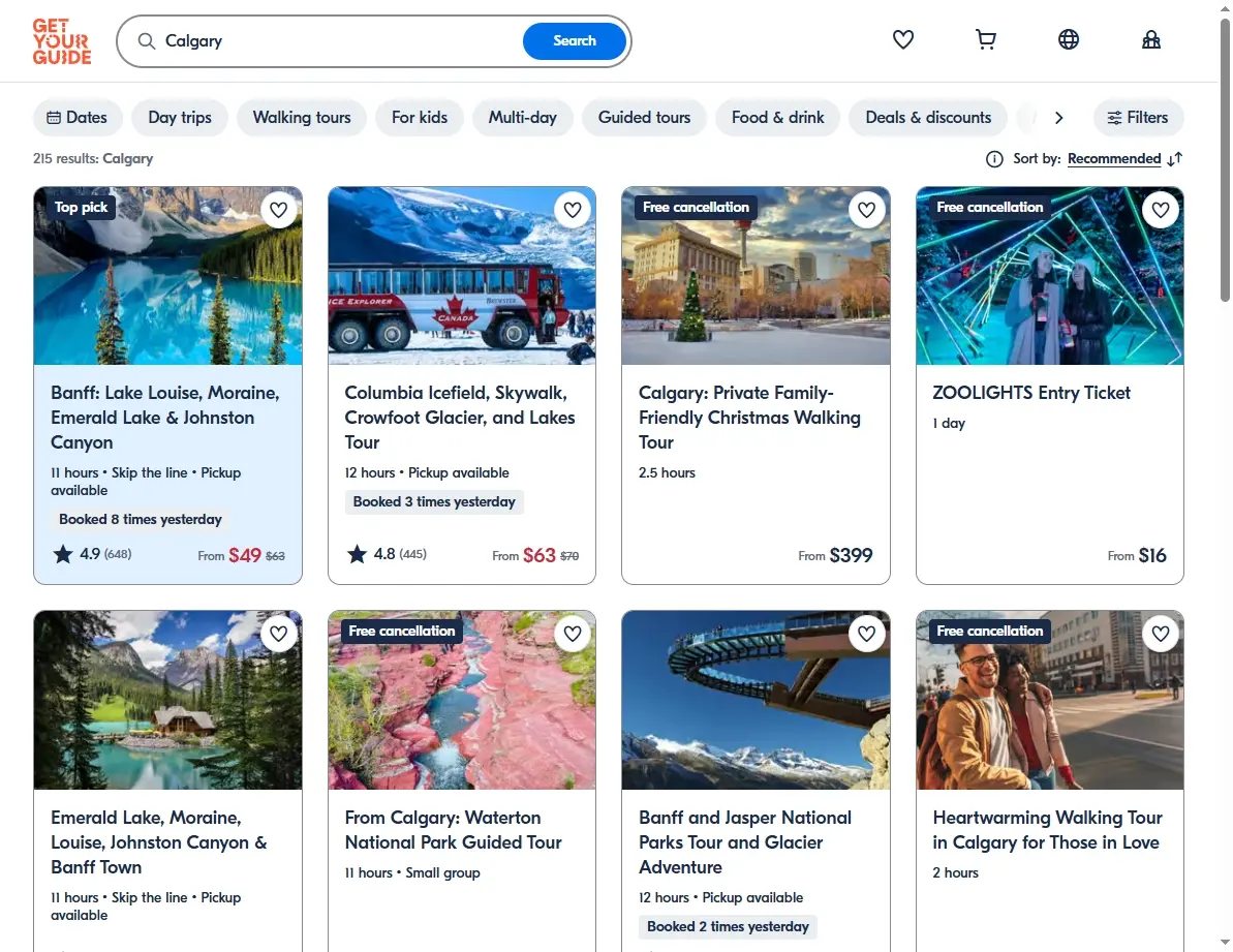 A screenshot of GetYourGuide showing activities and tours available in Calgary.