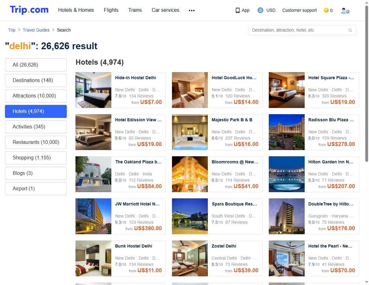 Screenshot of hotel booking website showing hotels in Delhi