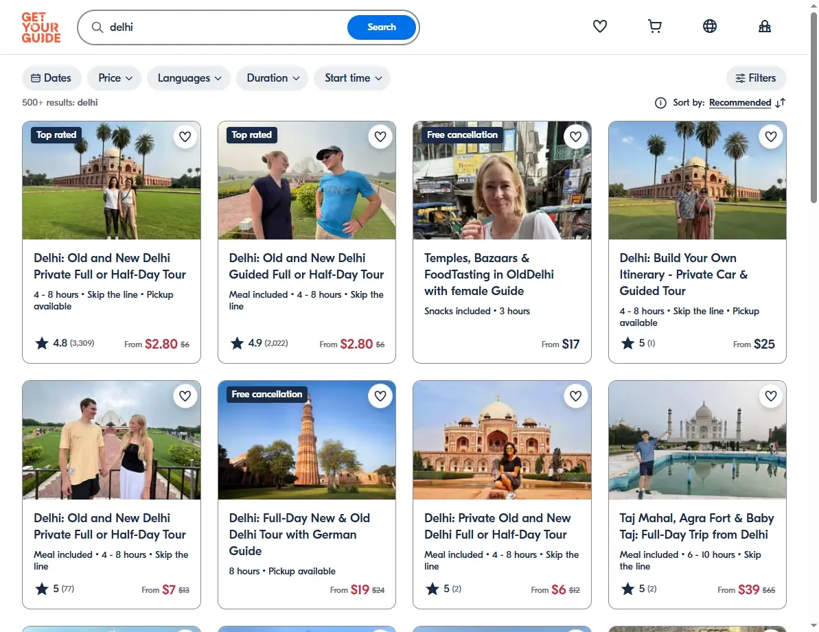Screenshot of activity booking website showing tours in Delhi