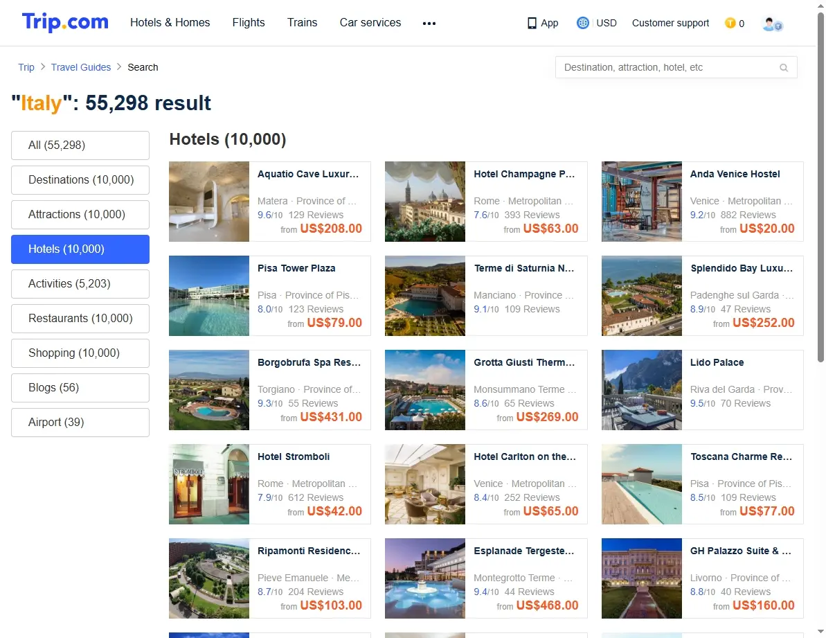 Screenshot of hotel offers in Italy