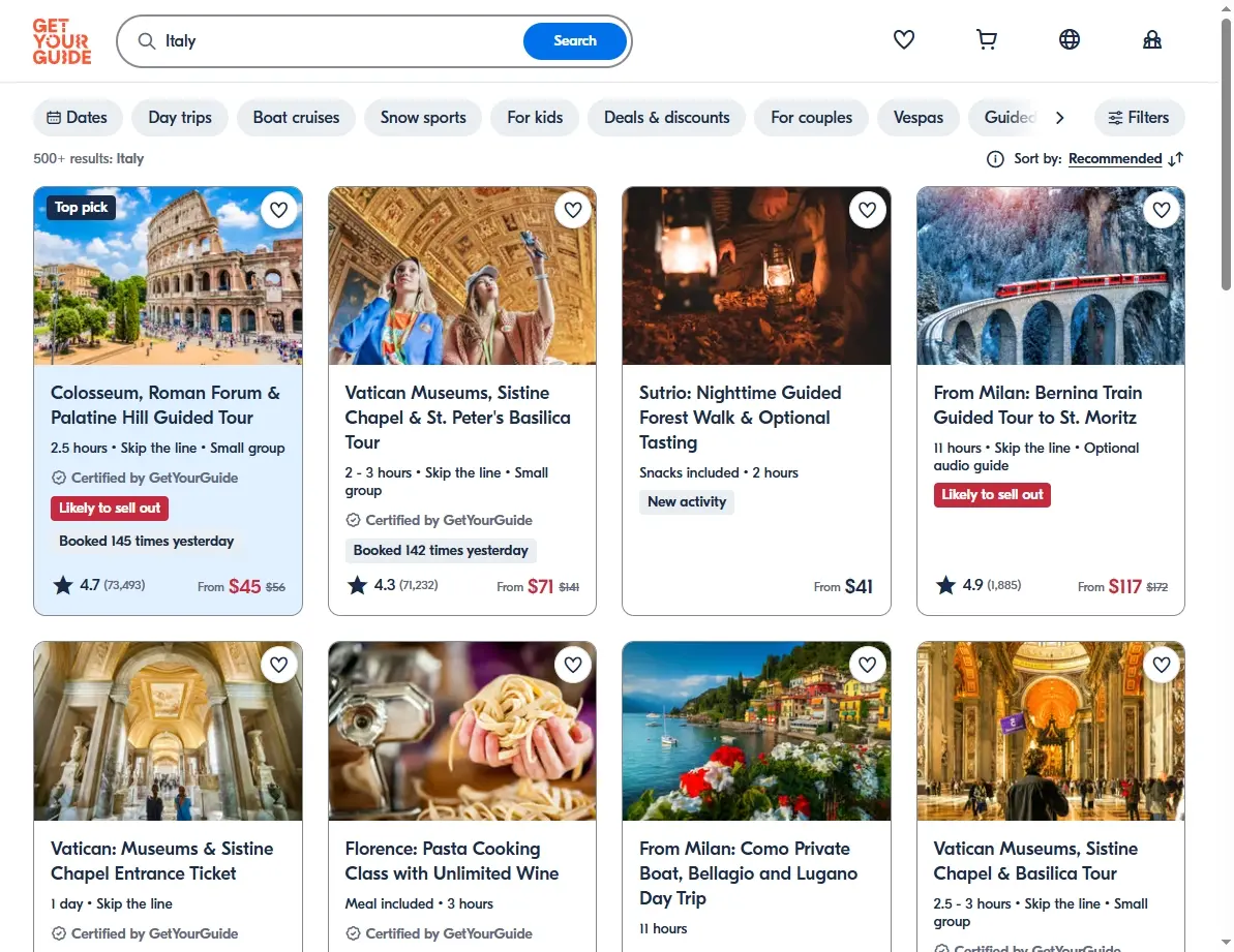 Screenshot of activities and tours available in Italy