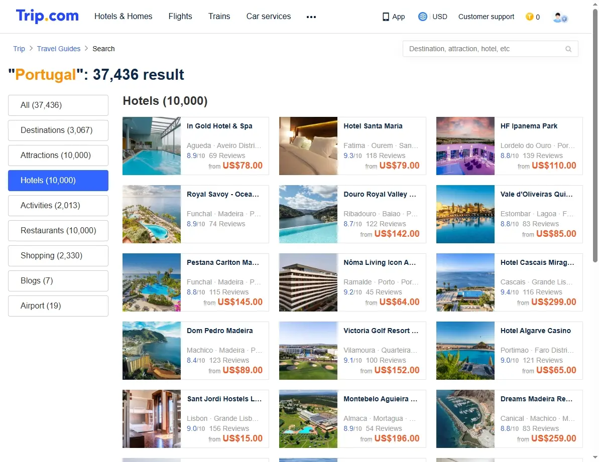 Screenshot of Trip.com hotel search results for Portugal showing various accommodation offers.