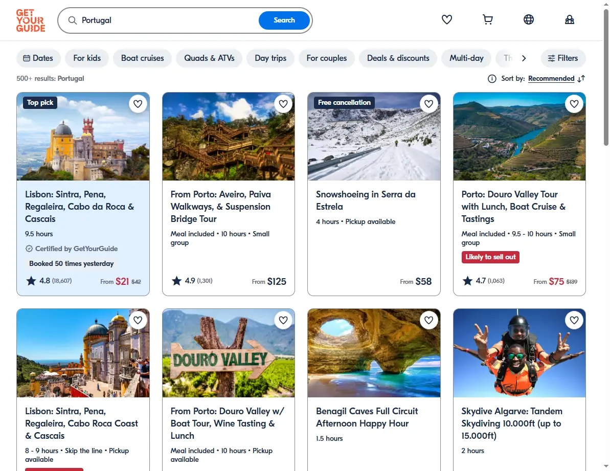 Screenshot of GetYourGuide activities for Portugal, displaying tours and experiences.