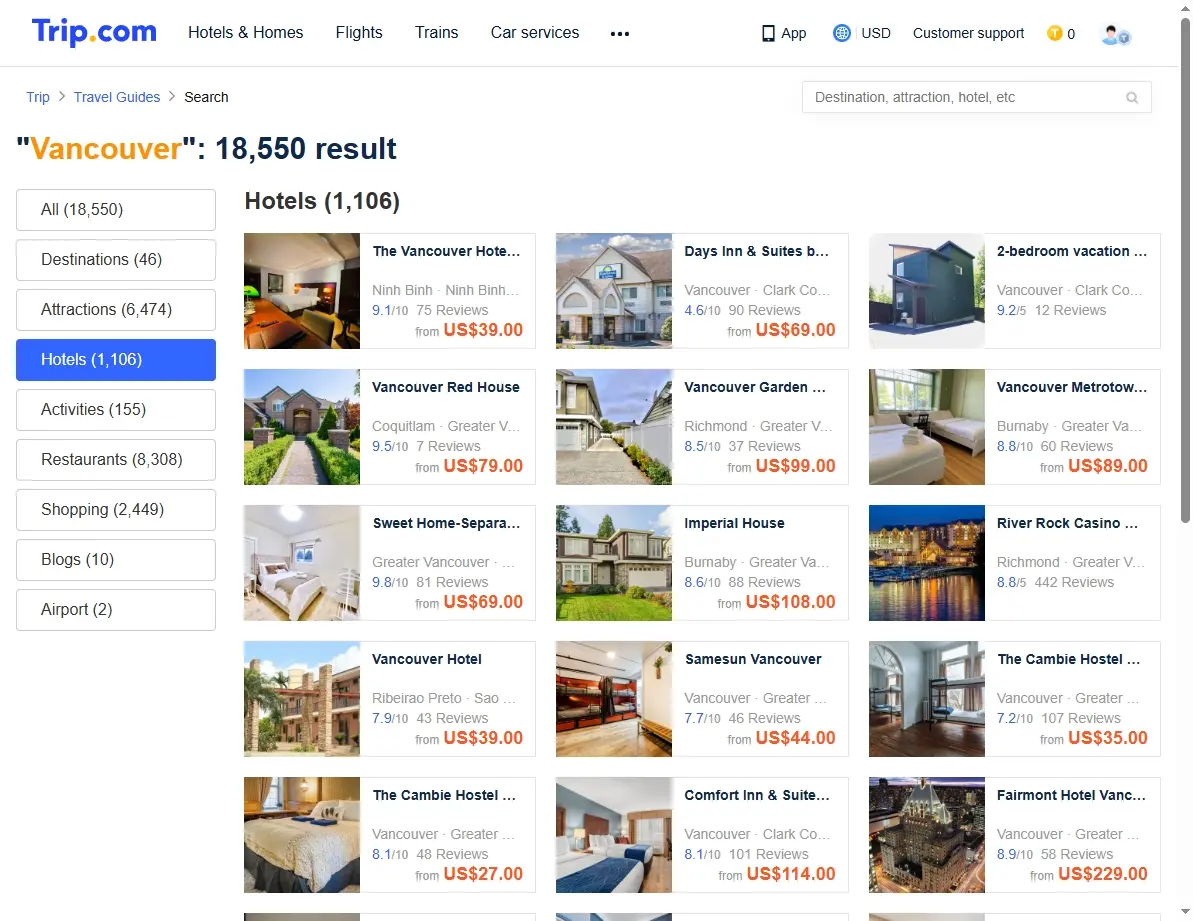 A screenshot of a hotel booking website showing various offers for Vancouver hotels.