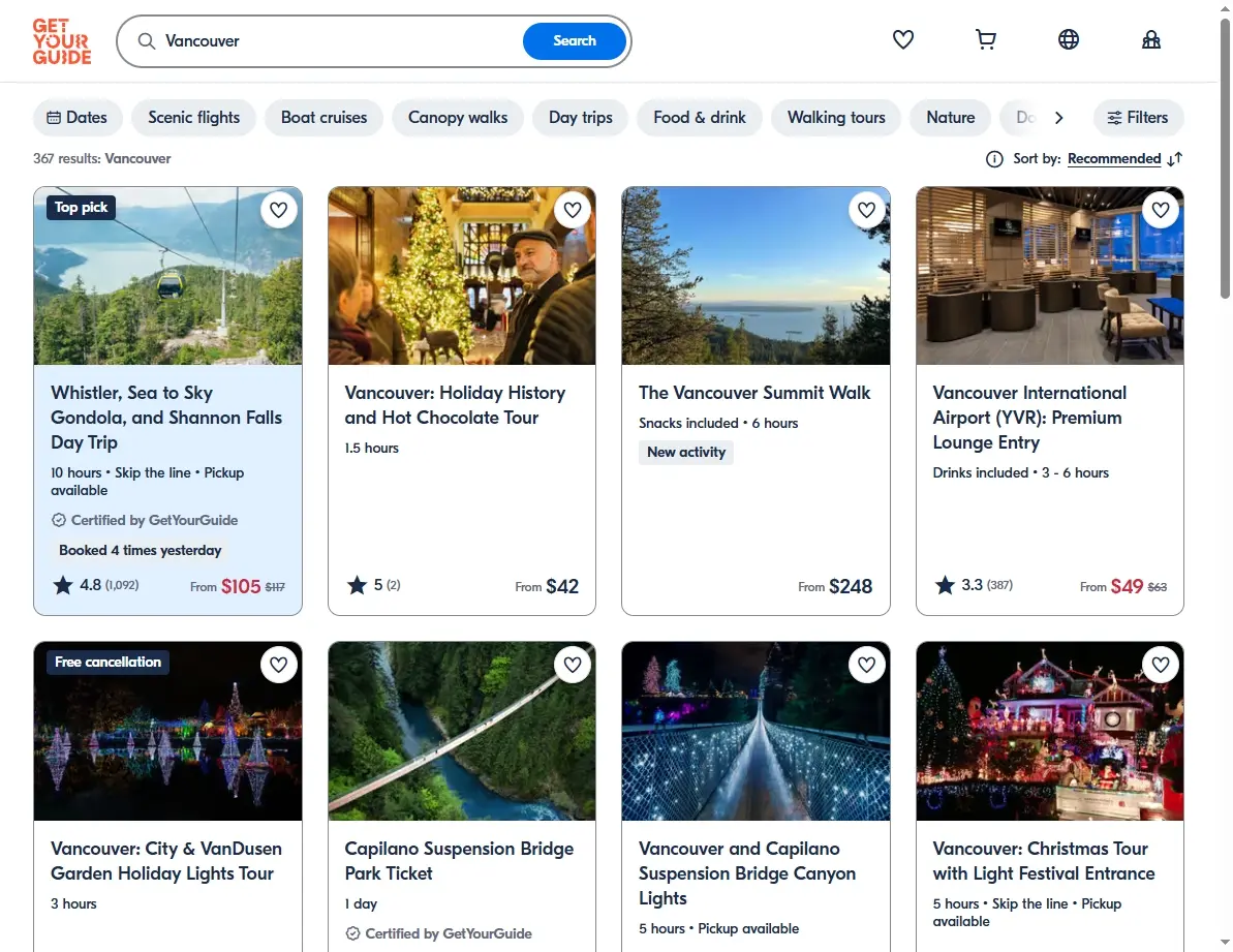 A screenshot of an activity booking website showing tour and attraction deals in Vancouver.