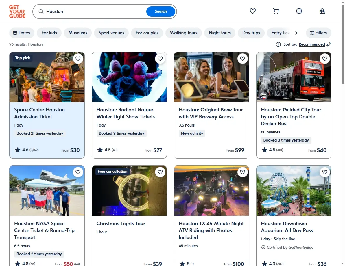 Screenshot of an activity booking website showing various Houston tours and things to do.