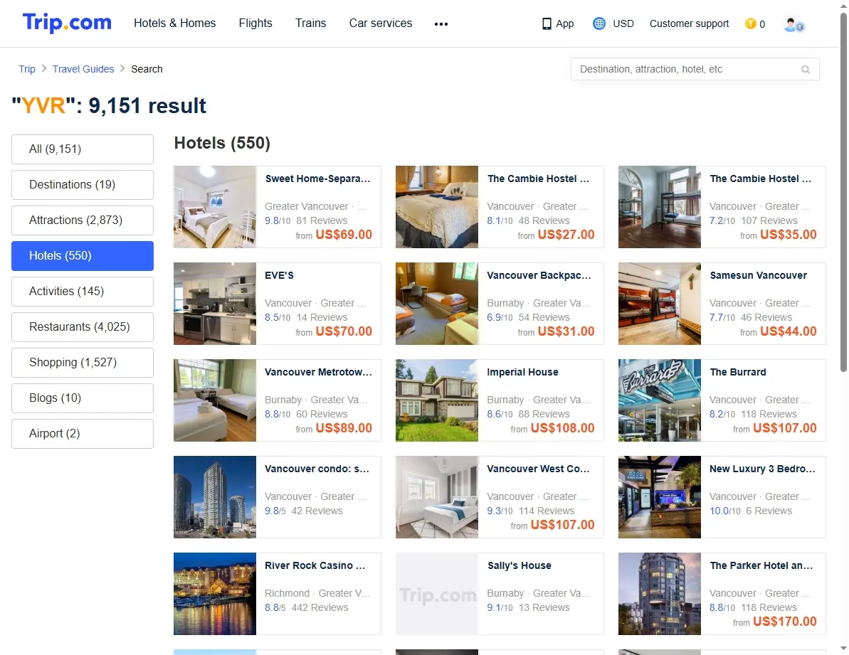 Booking screen showing hotel deals near Vancouver International Airport (YVR)