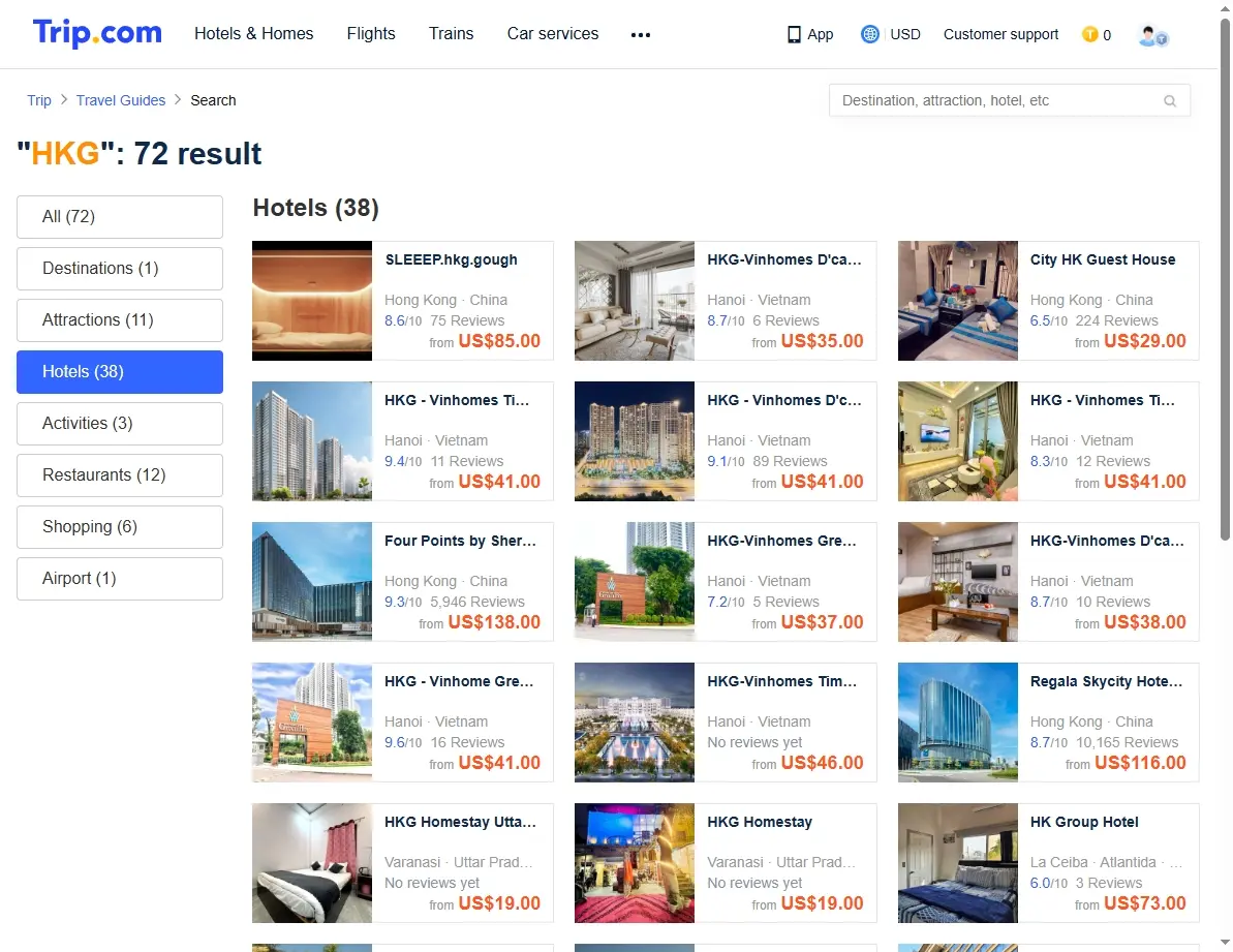Screenshot of hotel offers in Hong Kong