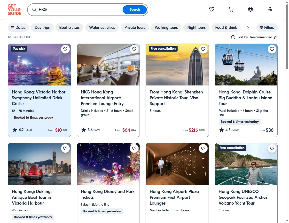 Screenshot of activities and tours available in Hong Kong