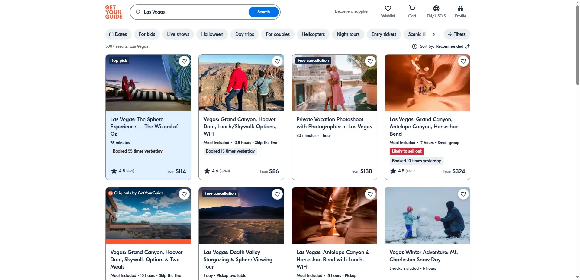 Screenshot showing activities and tours in Las Vegas on GetYourGuide