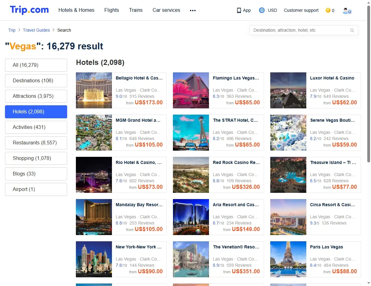 Screenshot of hotel deals website for Las Vegas hotels.