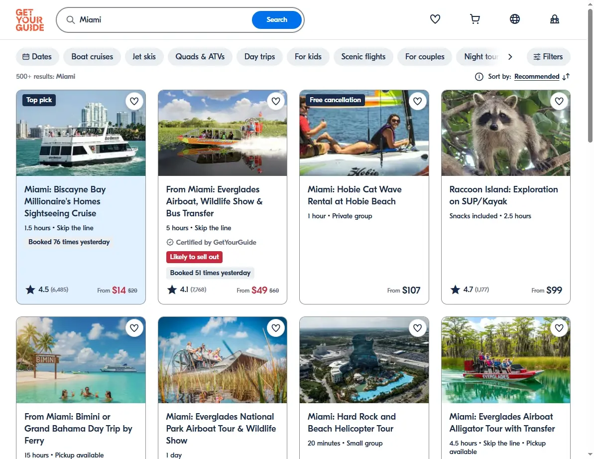 Screenshot of activity booking website showing Miami tours