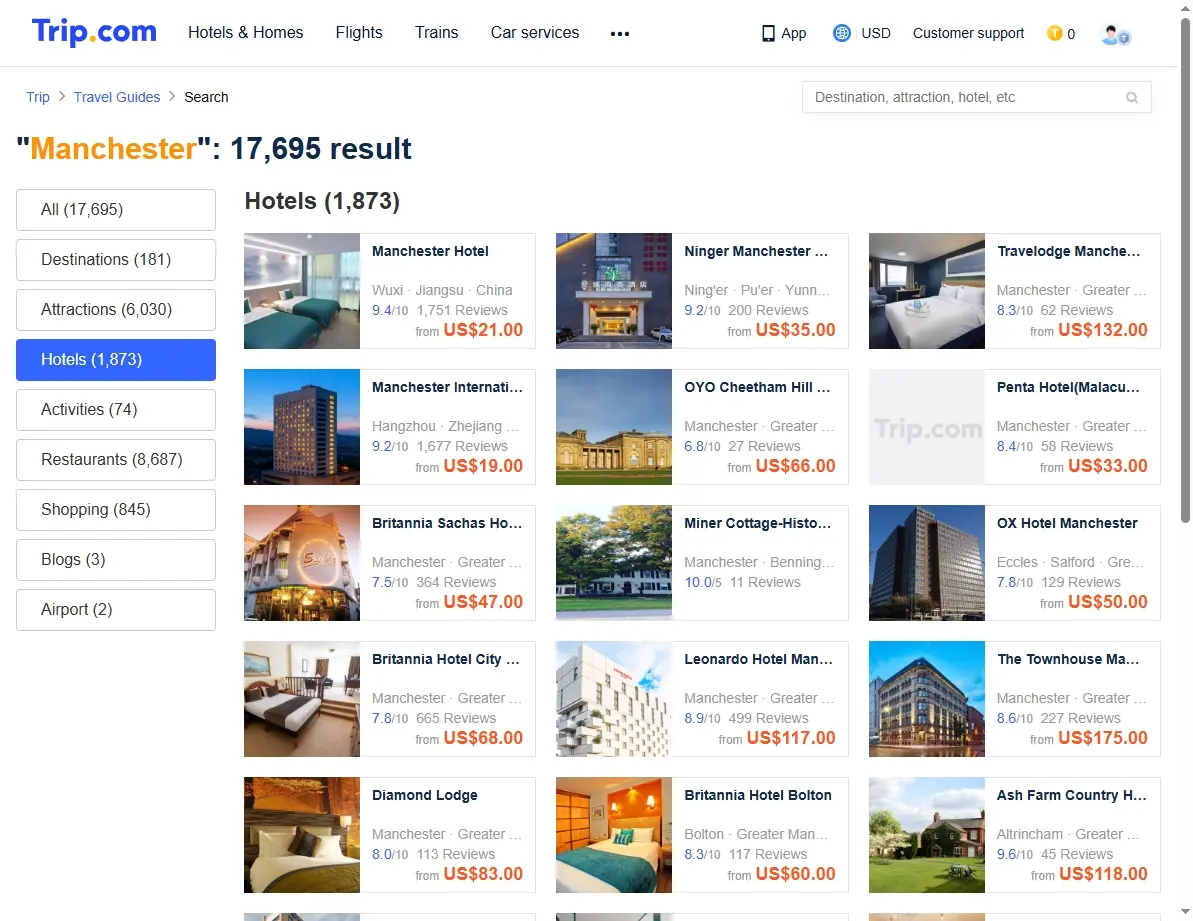 Screenshot of hotel offers in Manchester city centre, emphasizing easy booking.