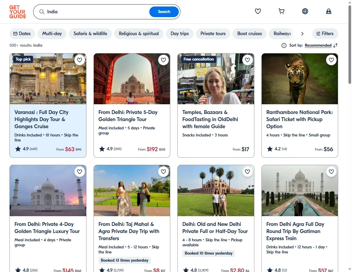 Screenshot of activities and tours available in India