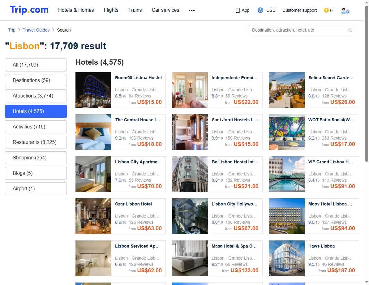 Screenshot of Lisbon hotel booking website with offers