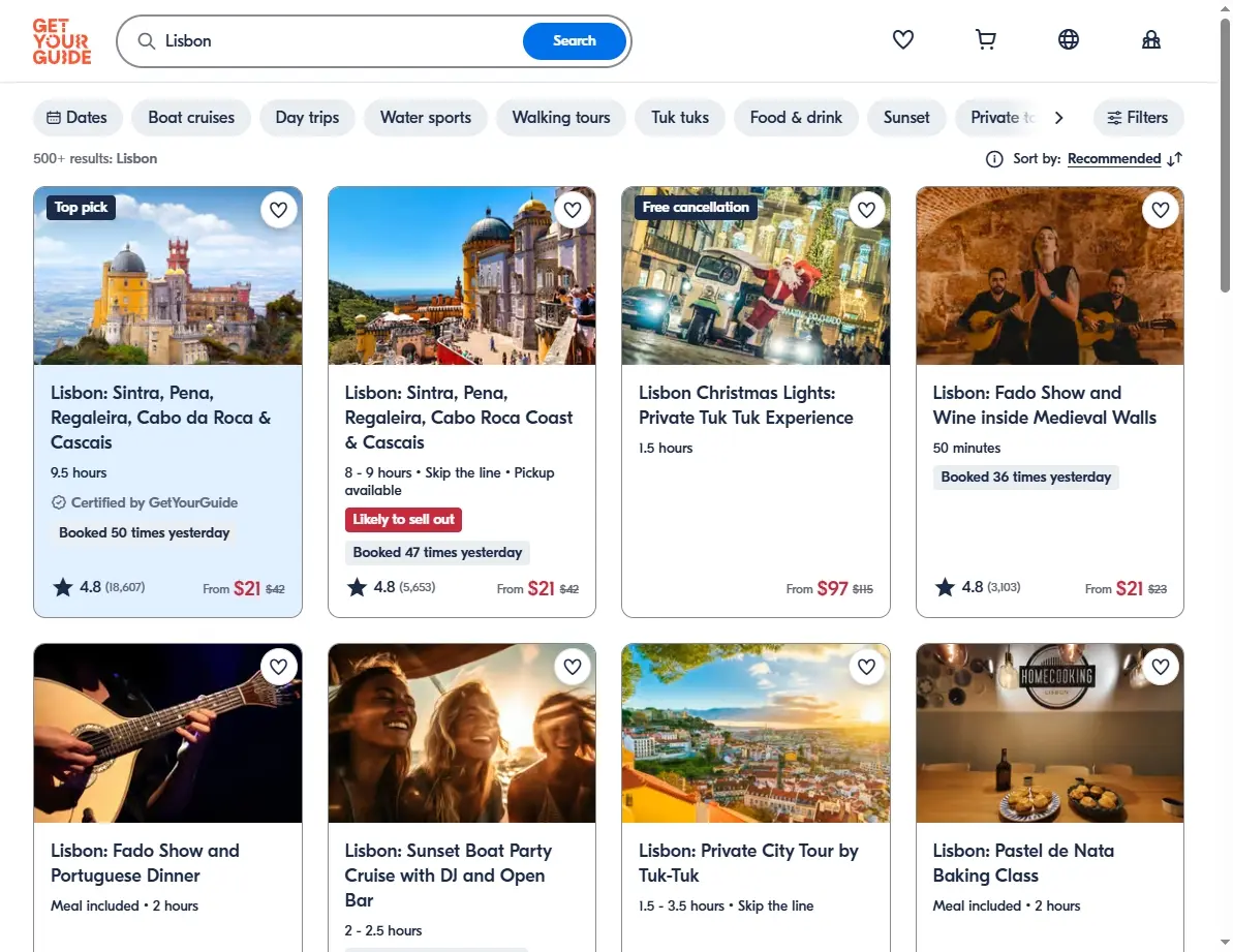Screenshot of Lisbon activities and tour booking website