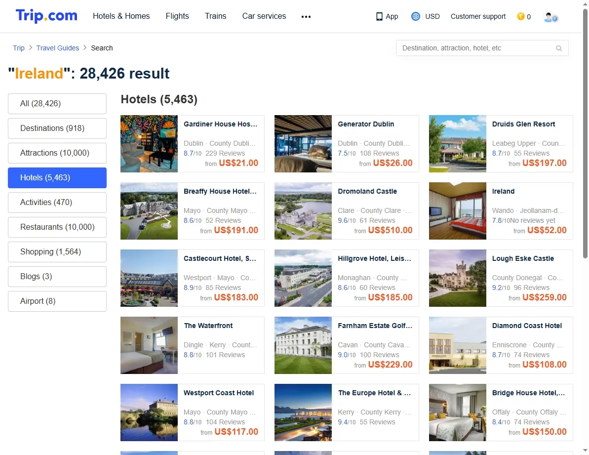 Screenshot of hotel offers in Ireland