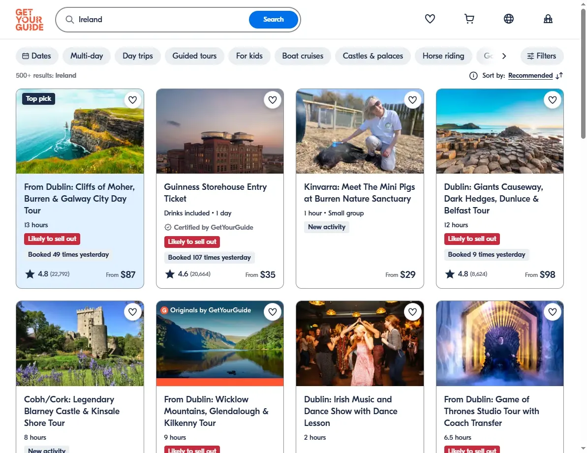 Screenshot of activities and tours available in Ireland