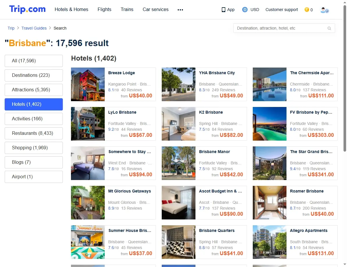 A screenshot of a hotel booking website showing deals for accommodation in Brisbane