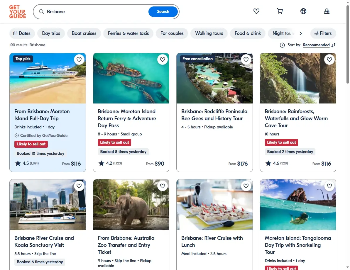 A screenshot of an activity booking website showing tours and attractions in Brisbane