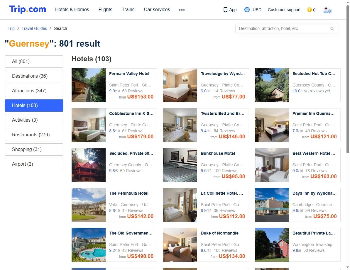 Screenshot of hotel offers in Guernsey