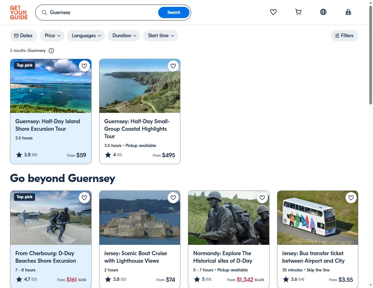 Screenshot of activities and tours available in Guernsey