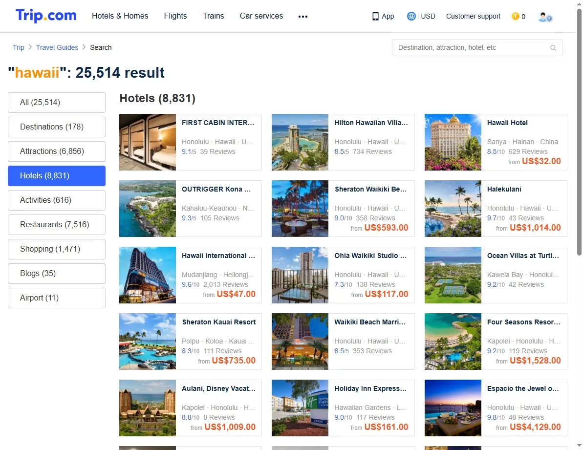 Screenshot of hotel offers for Hawaii on a booking website.