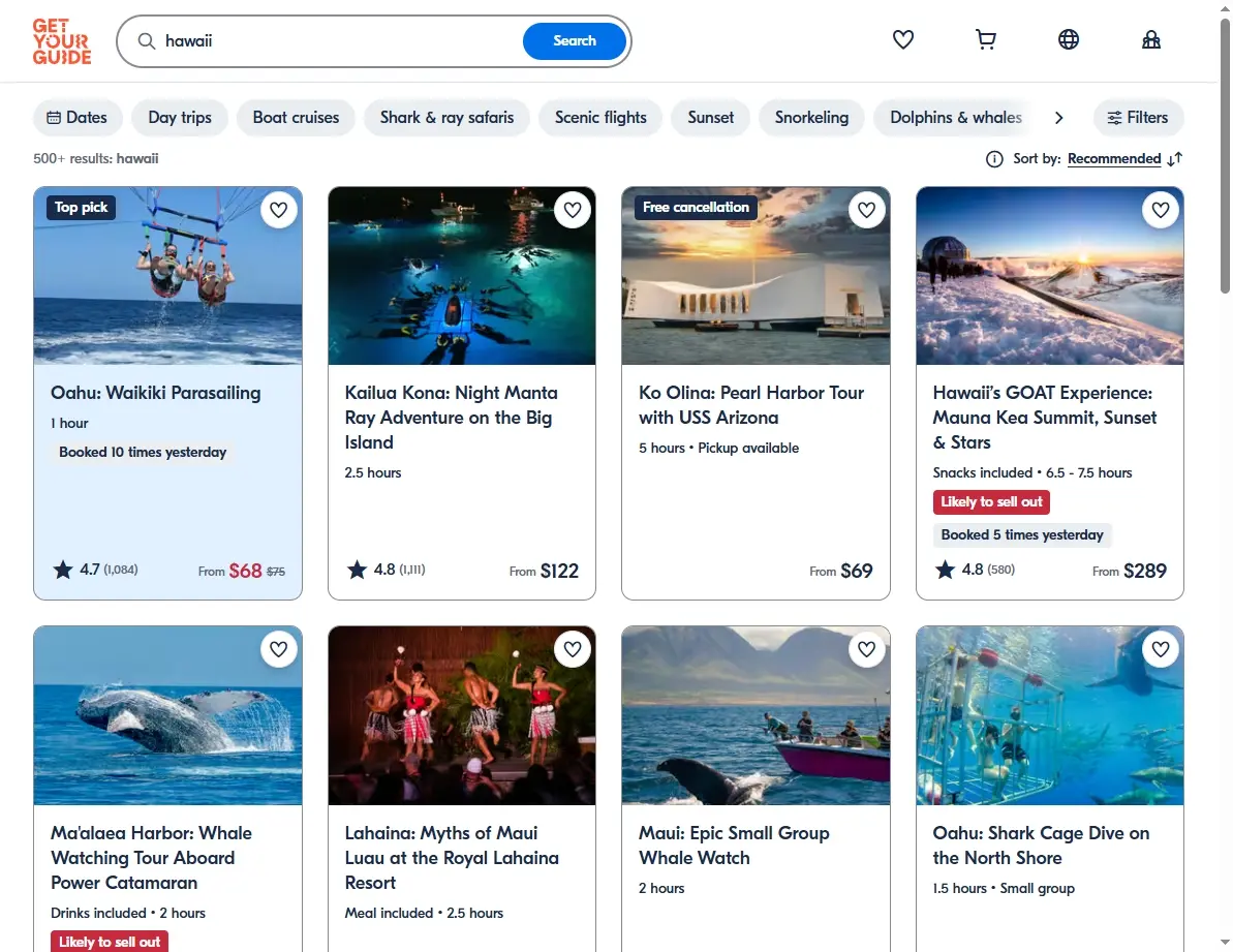 Screenshot of Hawaiian activities and tours available for booking.