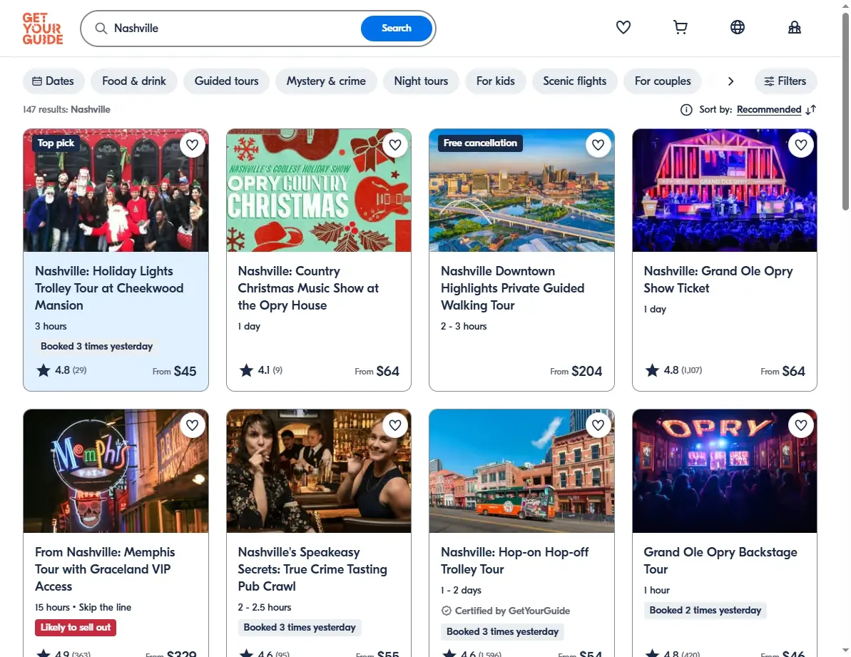 Screenshot of activity and tour offers in Nashville on an experience booking website