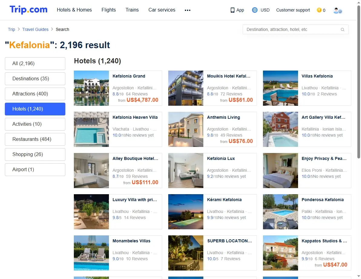 Screenshot of hotel offers in Kefalonia