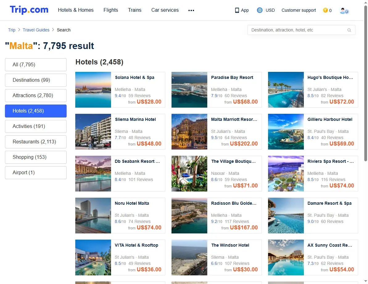 Screenshot of hotel offers in Malta on a booking website.