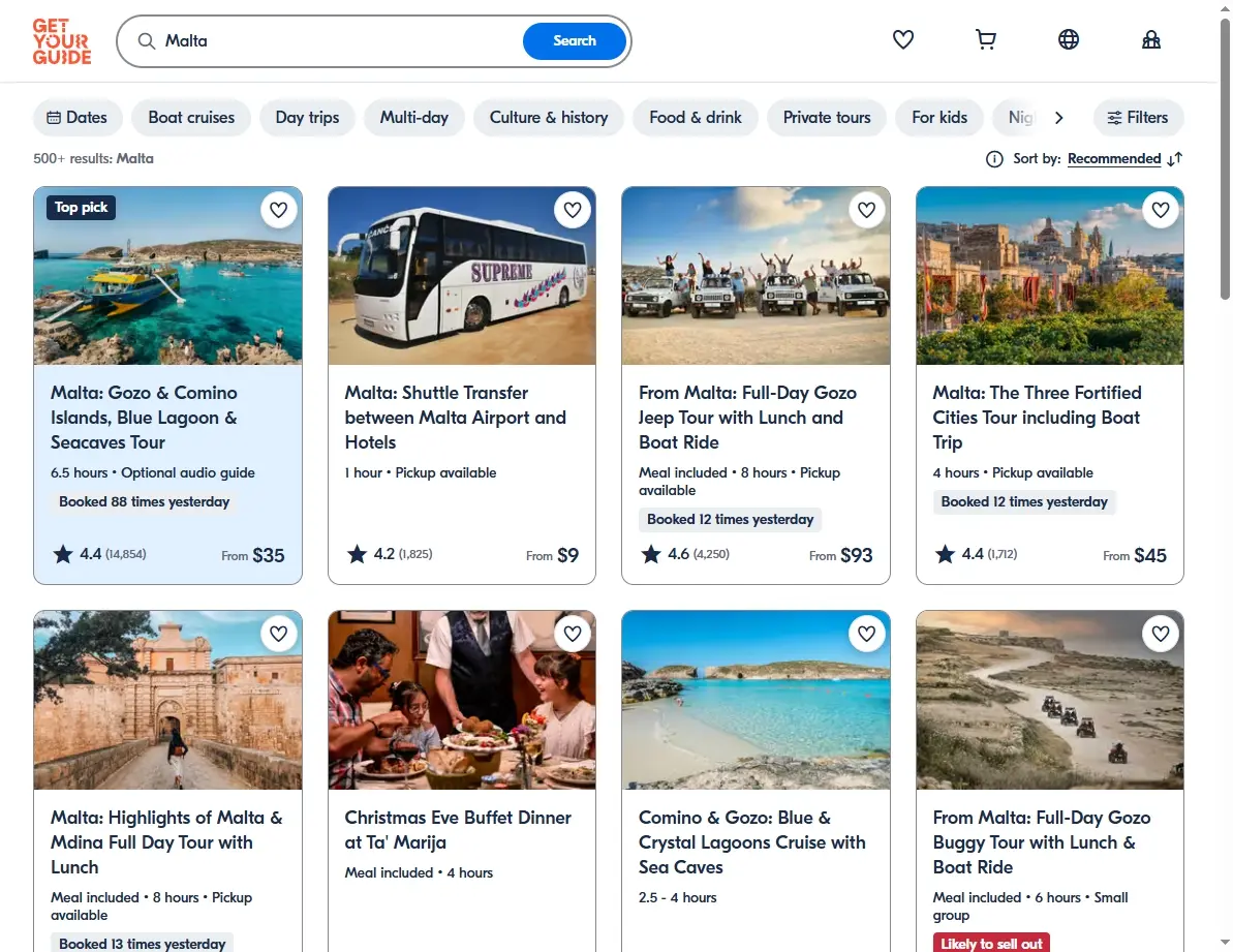 Screenshot of activities and tours available in Malta.