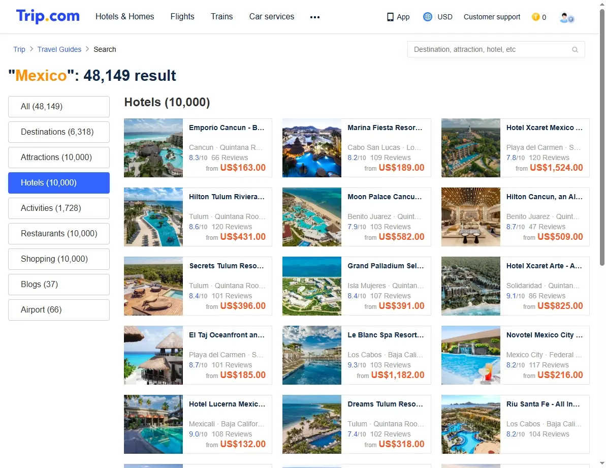 Hotel deals and offers screenshot for Mexico hotels
