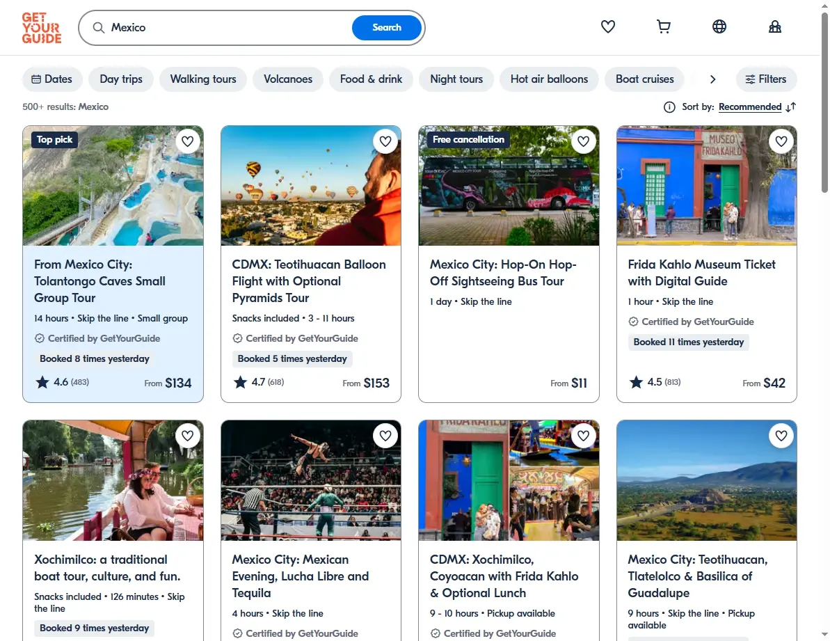 Activities and tours screenshot for Mexico excursions