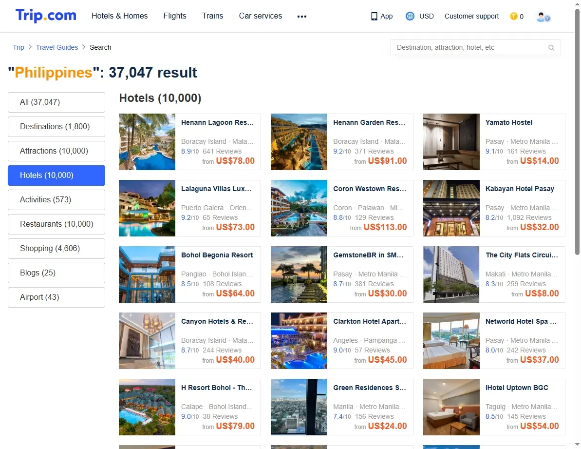 Screenshot showing hotels deals in the Philippines.