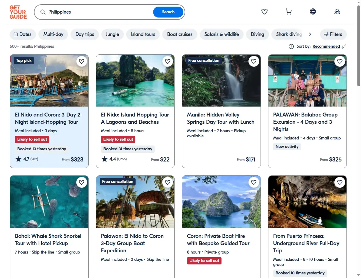 Screenshot showing activities and tours in the Philippines.