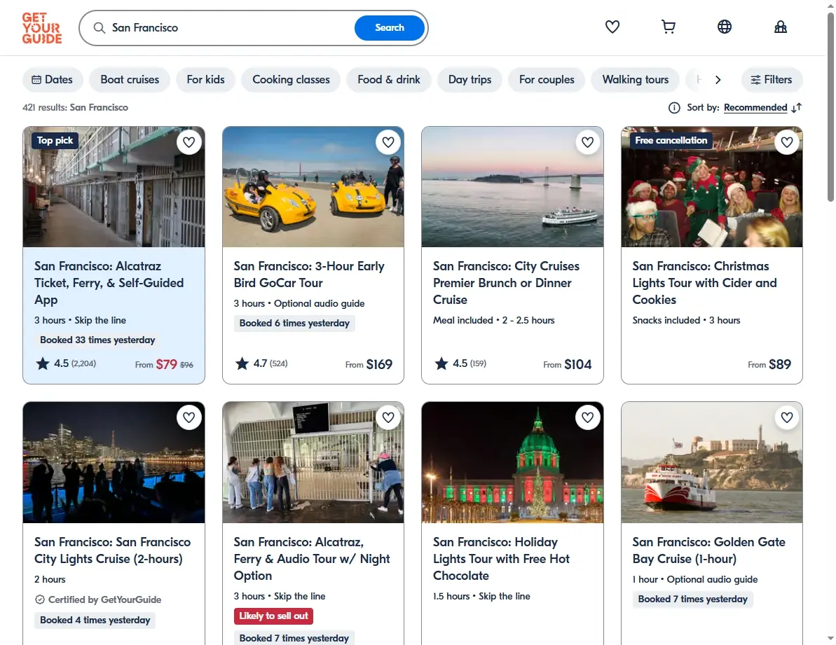 Screenshot of San Francisco Activities and Tours available for booking