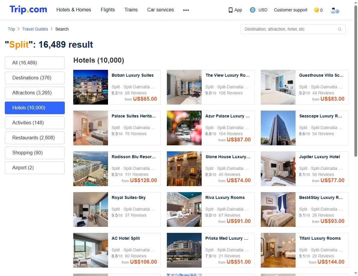 Screenshot of hotel offers in Split