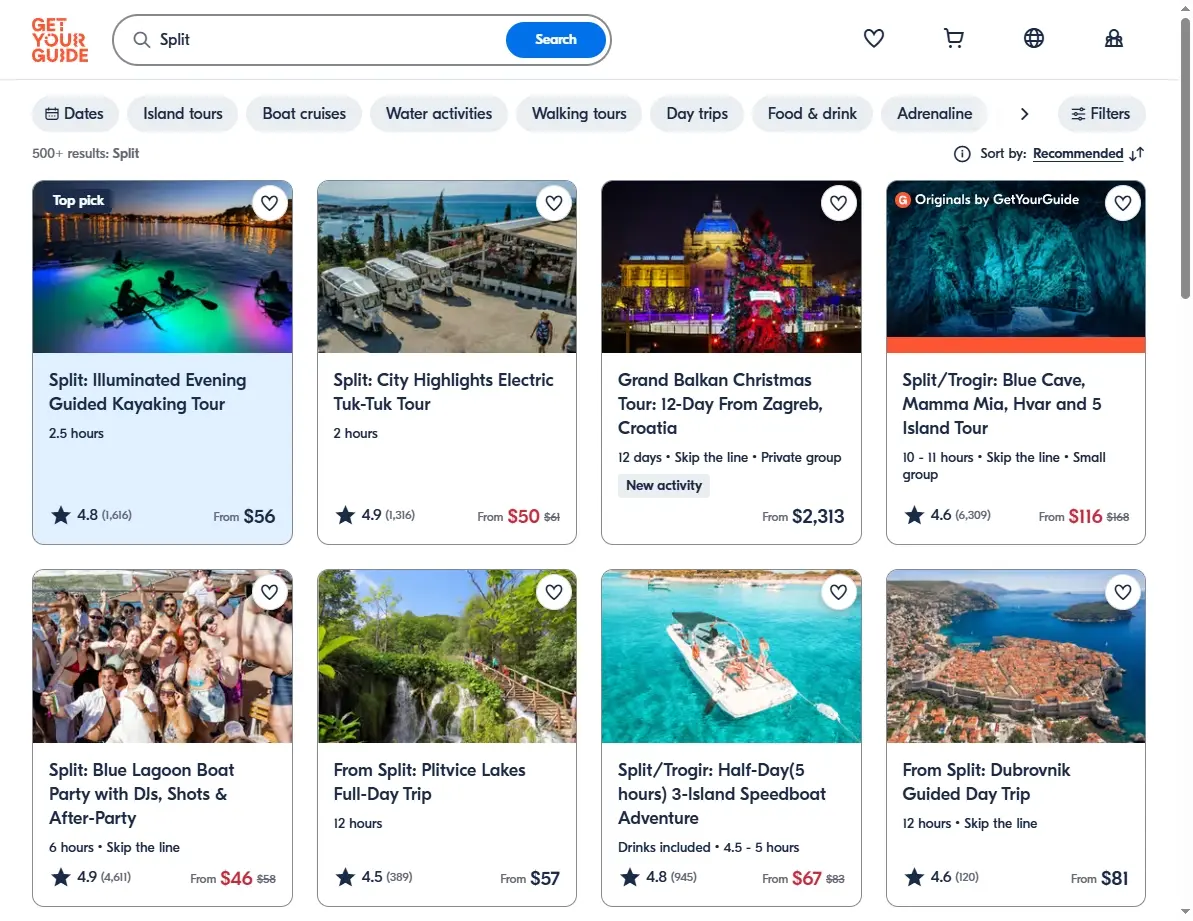 Screenshot of activity and tour offers in Split