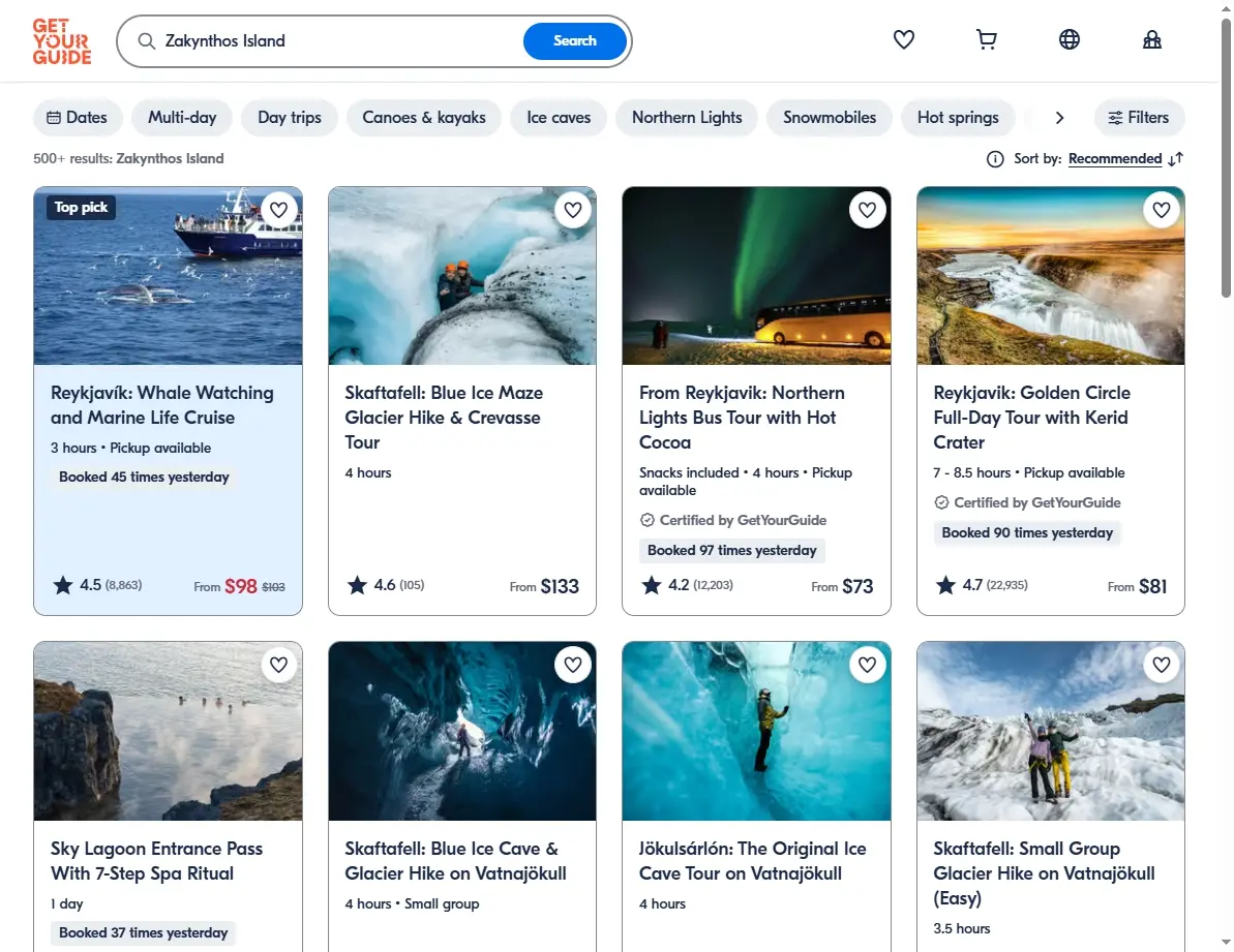 Screenshot of activities and tours available in Zakynthos Island.