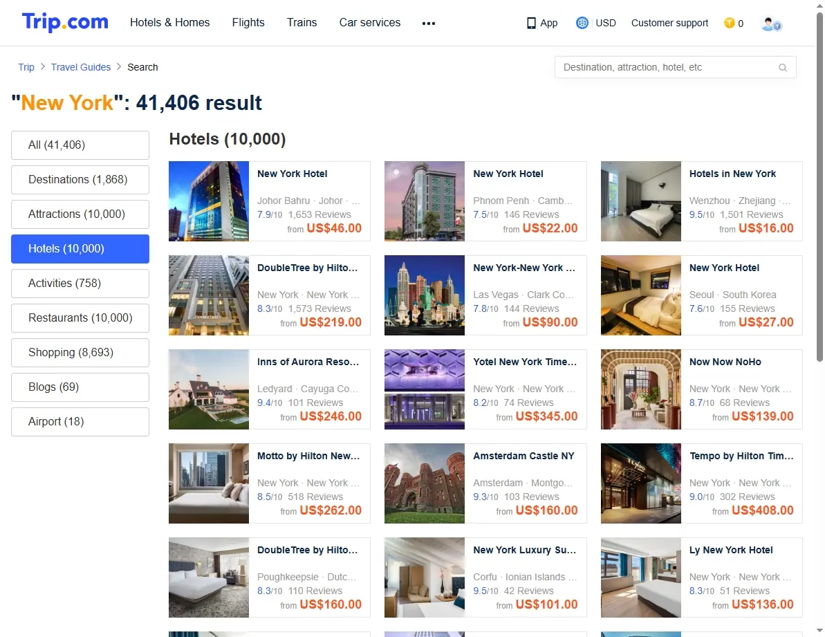 A screenshot of a hotel booking website displaying numerous New York City hotel offers.