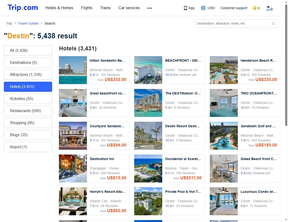 Screenshot of hotel listings and offers for Destin, Florida on a travel booking website.