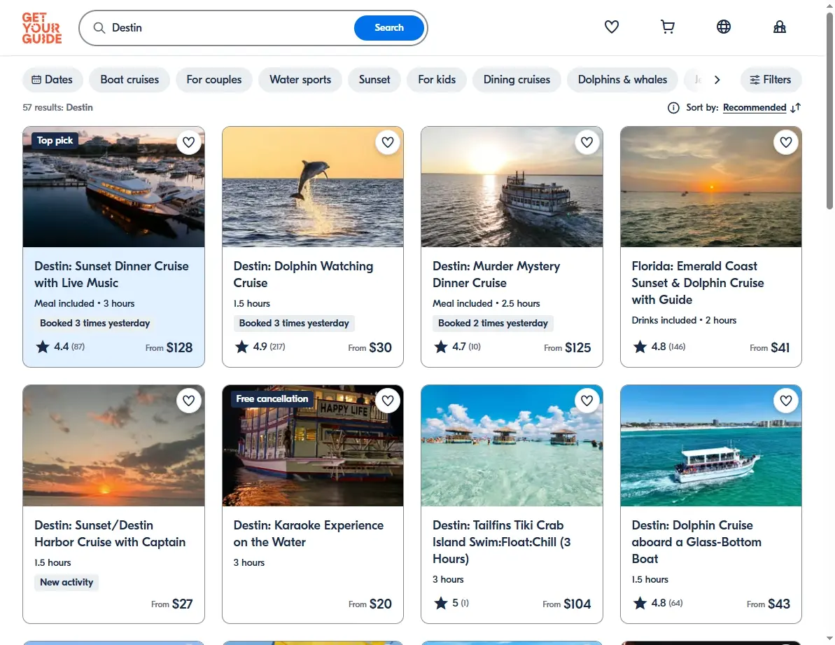 Screenshot of activity listings and tours for Destin, Florida, including fishing and boat trips.