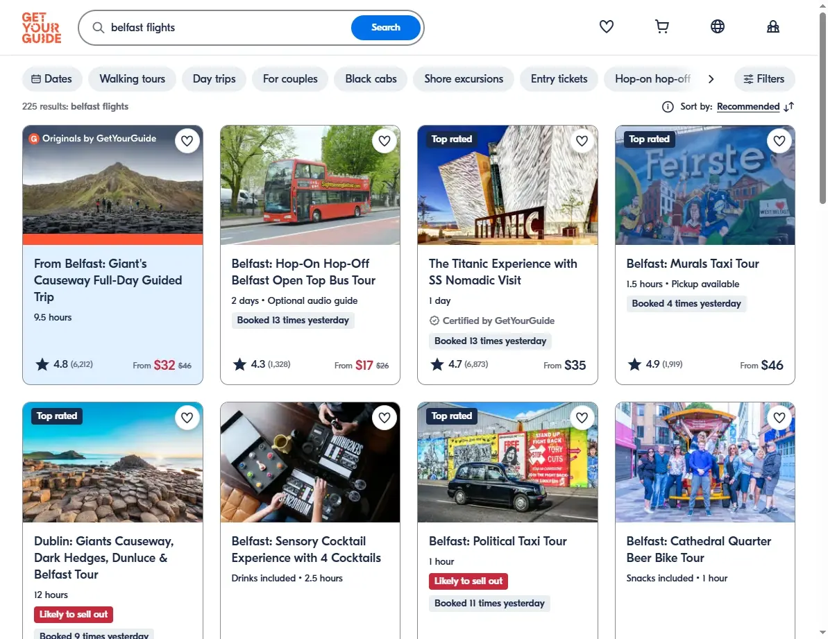 Screenshot of activities and tours available in Belfast