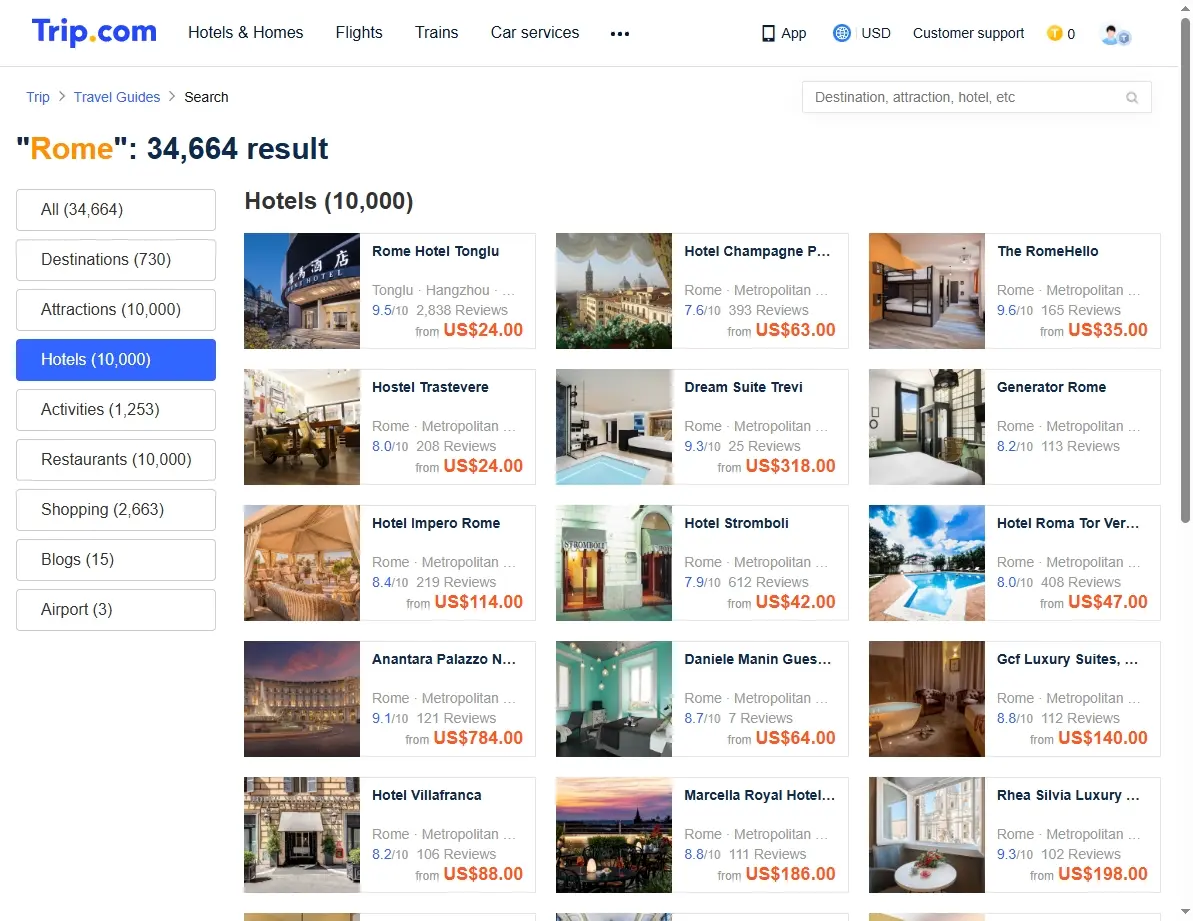 Screenshot of hotel offers in Rome near a historical site.